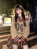 Brown V-neck Letter Print Oversize Sweater-Outfit