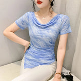 Printed Mesh Tee Shirt Female Slash Neck Short Sleeve Irregular T Shirts Women Summer T-shirt Top-Outfit