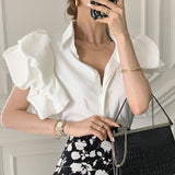Short Puff Sleeve Blouse Women Korean Elegant Solid All Match Office Lady Casual Shirt 2023 Summer Fashion