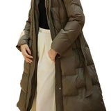 Autumn And Winter Down Jacket Female Medium Long Korean Version Slim Show Thin Hooded Belt Fashion Over The Knee Coat Tide-Outfit