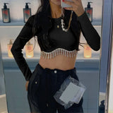 Rhinestone Tassel Long Sleeve Crop Top Solid Round Neck Ribbed Knit Blouses Women Shirts Street Club