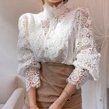 Sleeve Stand Collar Hollow Out Flower Lace Patchwork Shirt Femme Blusas All-match Women Lace Blouse Button White Top