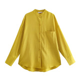 New Women Simply Stand Collar Solid Green Casual Kimono Shirt Female Pocket Patch Blouse Roupas Chic Blusas Tops