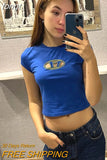 Top Y2K Tops Letter Print Tshirt O Neck Short Sleeve Baby Tees Women Clothes Basic Blue 90s Causal Streetwear Black T