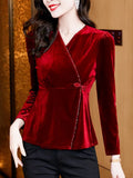 Autumn Soft Velour Tee T Shirt Women Crossed V Neck Full Sleeve Stretchy Slim Tops Tshirts With Beading Buttons-Outfit