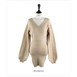Fongt Korea Chic Spring And Autumn New Sexy Careful Machine Cross V Collared Hip Dress Women Knitted Short Skirt Sweater
