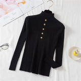 Pullover Women Sweater Autumn Knitted Button Long Sleeve Half Turtleneck Female Jumper Elastic Korean Fashion Blouse