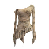 Personality Tie-Dye-Print Oblique Shoulder Dress Repair Irregular Lotus Horn Long-Sleeved Mesh T-Shirt
