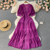 Retro Court Lace Lace V-Collar High-End Dress Waist Short-Sleeved Single-Breasted Long Skirt-Outfit
