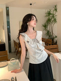 Fongt Xixi 13 Line Summer New Temperament V Tie With Small Shirt Sleeveless Leaves Side Top Woman 89330