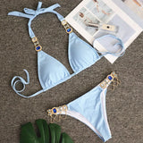 Fongt New Swimwear Crystal Diamond Chain Women's Split Swimsuit Perm Gold Snake Grain Strap Sexy