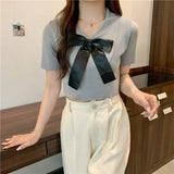 New Leisure Ice Cream Niche Chic Short T-Shirt Sweet Spicy Short-Sleeved Bow High-Rise Top