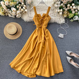 New Design Sense Careful Machine V Collar Back Retro Solid Color Waist Show Thin Hem Long Dress Women's Dress-Outfit