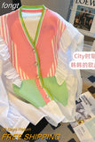New Fashion Rainbow Striped Stitching Knitted Sweater Korean Style V-Neck Ruffled Long Sleeved Casual Outer Women