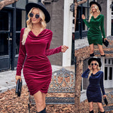 Fongt Winter Fashion Women's Wear New Casual Solid Color Swing Collar Long Sleeve Sprinkle Pink Velvet Dress-Outfit