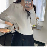 Collar With Knit Bottom Shirt Female Autumn Dong 2023 New Design Sense Niche Sweater Loose Long-Sleeved Top-Outfit