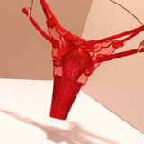 Fongt Sexy Embroidery Lady T-Word T-Tants Lace Transparent Hollow Seduction Hot Red Life Year Tpants