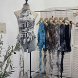 Trend Irregular Hanging Neck Dyeing Net Yarn Vest Lotus Side Ribbon Short Sleeveless Top