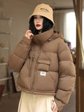 Hooded Down Bread Suit Women's 2024 Winter Fashion Design Sense Pocket Thick Warm White Duck Down Casual Jacket-Outfit