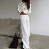 Fongt Women's Clothing 2025 Spring New Solid Color Round Neck Fashion Casual Broad Leg Trouser Sweater Set Women