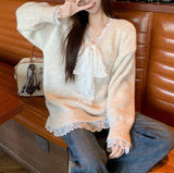 Fongt Type Advanced Feeling Catch Spell Lace Bow False Two Knit Sweater Female Autumn Dong New Style Languid Lazy Wind Bottom Sweater-Outfit