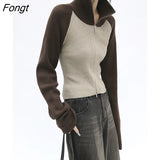 Patchwork Zipper Cardigan Women Long Sleeve American Retro Knitted Sweater Autumn Winter 2023 Female Cardigans Y2K