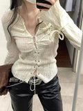Vintage V-neck Lace Up Shirts Women Spring Sexy Slim Fit White Blusas Mujer Y2k Grunge Long Sleeve Blouses Tops-Outfit
