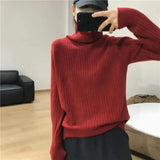 Turtlenck Sweater Women Vertical Pit Stripe Long Sleeve Winter Warm Knitted Pullover Elegant Soft Basic Female