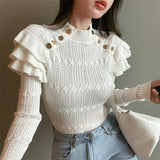 Sleeve Turtleneck Buttons Sweater Jumpers Girls Stretchy Chic Ruffles Autumn Spring Sweaters Pullovers Tops Women-Outfit