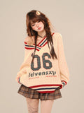 Brown V-neck Letter Print Oversize Sweater-Outfit