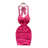 Fongt Wind Hanging Neck Sling Dress Women Summer Shiny Folds Design Ass Short Skirt