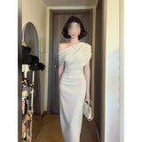 Fongt Waist Temperament Bag Folding Dress Dress Women's Summer Neckline Shoulder-To-Shoulder Temperament