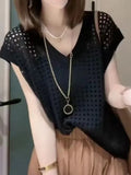 Summer New Thin Hollowed-Out V-Collar Knitted Blouse Vest Blouse-Outfit