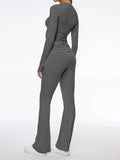 Long Sleeve Cropped Top Fold-over Flare Pants Set-Outfit