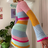 Patchwork Hollow Out Crochet Mini Dress Chic Women Long Sleeve 90s Vintage Aesthetic Knitted Dress Y2K