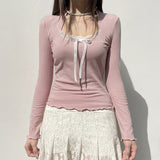 Aesthetic Lace Trim Bow Long Sleeve Tee-Outfit