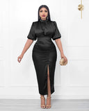 High Neck Tight Skirt Elegant Elegant High Split Pleated Dress Women's Casual Solid Color Evening Dress-Outfit