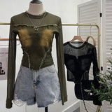 Real Shooting Hottie Water Wash Side Of The Cowboy Splicing Mesh Yarn Long Sleeve Blouse Short High-Waisted T-Shirt