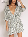 Sexy Boho Summer Dresses For Women 2022 Floral Print Deep V-Neck Three Quarter Casual Dress Party Beach Female
