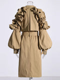 Temperament British Wind To Close The Waist Thin Long Coat 2025 Summer New Collar Splicing Lotle Leaf Side Design Wind Coat
