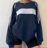 Style Color Sprouting And Splicing Loose Long-Sleeved Round-Neck Sweater 2023 Autumn New Leisure Sports Jacket-Outfit