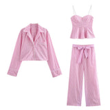 Fongt New Pink Shirt Suede Set Striped Three-Piece Set
