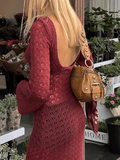 Crochet Hollow Backless Long Sleeve Cover Up Maxi Dress-Outfit