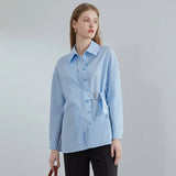 Fashion Belt Casual White Blouse Shirt Women Long Sleeve Spring Button Up Shirt Office Lady Elegant Blue Top