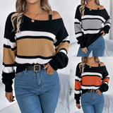 Shooting Autumn And Winter Casual Striped Striped Lantern Sleeve Metal Buckle Shoulder Cover Sweater Women's