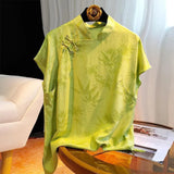New Chinese Style Button Shirt Early Spring And Summer Green Retro Improved Jacquard Neck Short Sleeve Blouse Woman-Outfit