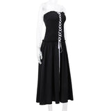 Black Tube Ruched Lace Up Maxi Dress-Outfit