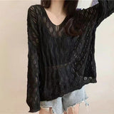 Spring And Summer New Korean Version Loose Hollowed-Out Sweater Pullover V-Collar Long-Sleeved Blouse Popular Style For Women-Outfit