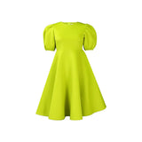 Fongt Round Collar Temperament Bubble Sleeves To Close The Waist Of Elegant A-Character Dress