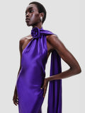Purple Satin Halter Neck 3D Flower Design Backless Maxi Dress-Outfit